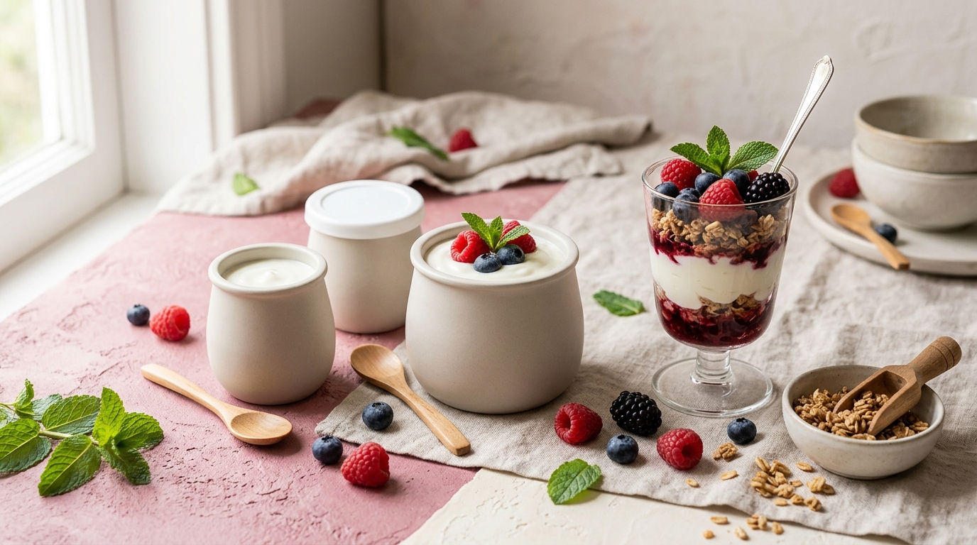 An emerging yogurt brand captured as a bright editorial product feature on a treat counter